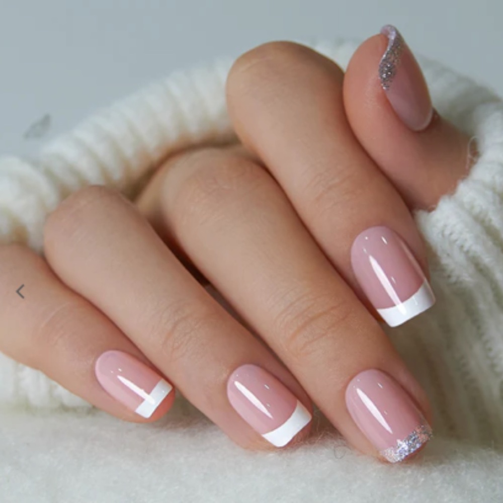 NIB CurvLife 2-pks ACRYLIC Press Ons (60 nails)! BLUSH BLOOM/GLITTER FRENCH